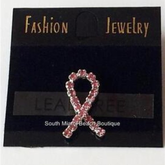 Crystal Pink Ribbon Lapel Pin Hat Tie Tac Breast Cancer Awareness Silver Plated - Picture 2 of 7